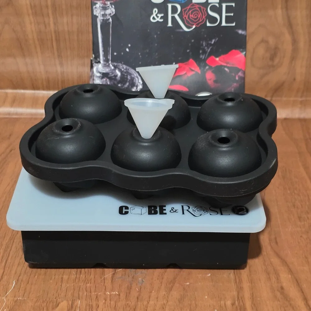 Cube & Rose Silicone Ice Mold Set 6 Large Cubes 6 Roses Black with Funnels NEW